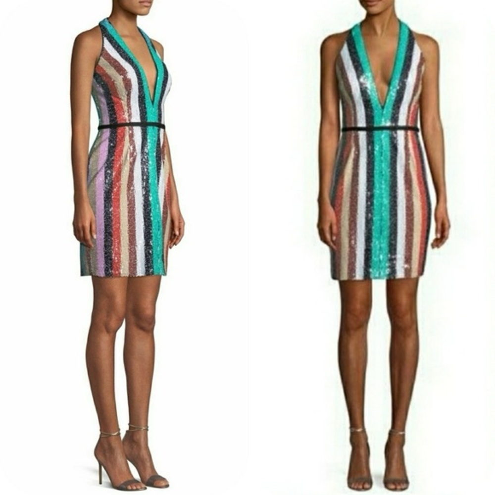 Jovani Sequin Multicolor Striped V-Neck Mini Dress size 8
